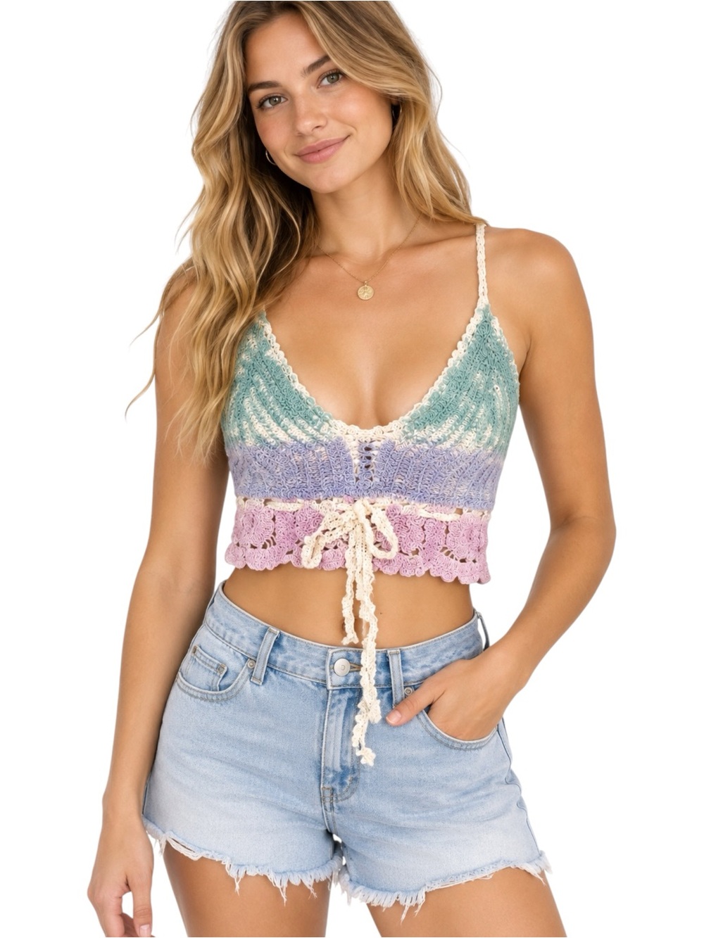 NWT POL Crochet Knit Bralette Crop Top Pastel Boho Tie Front S/M
